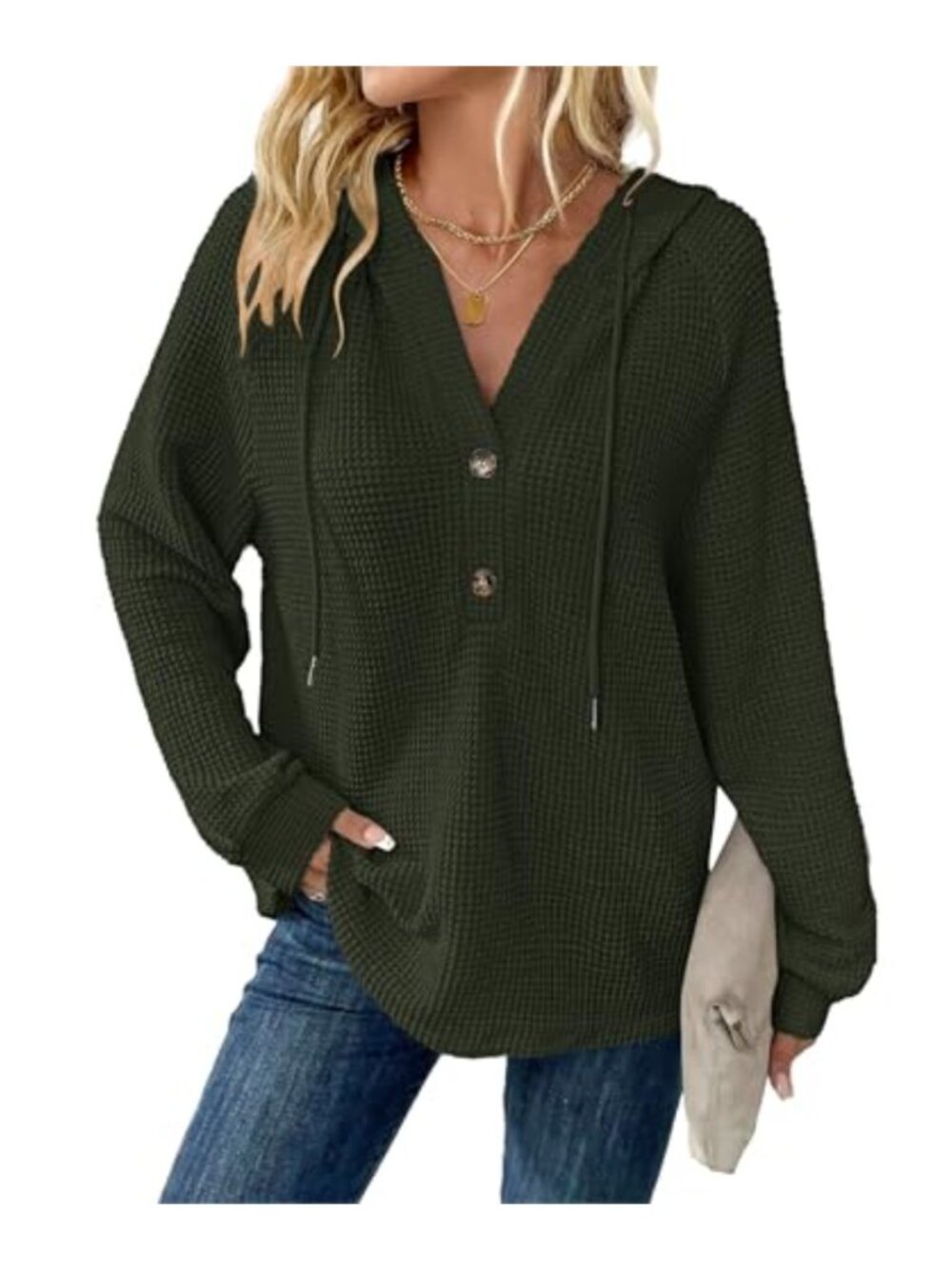 Waffle Knit Hoodie Long Sleeve V Neck Button Oversized Sweatshirt